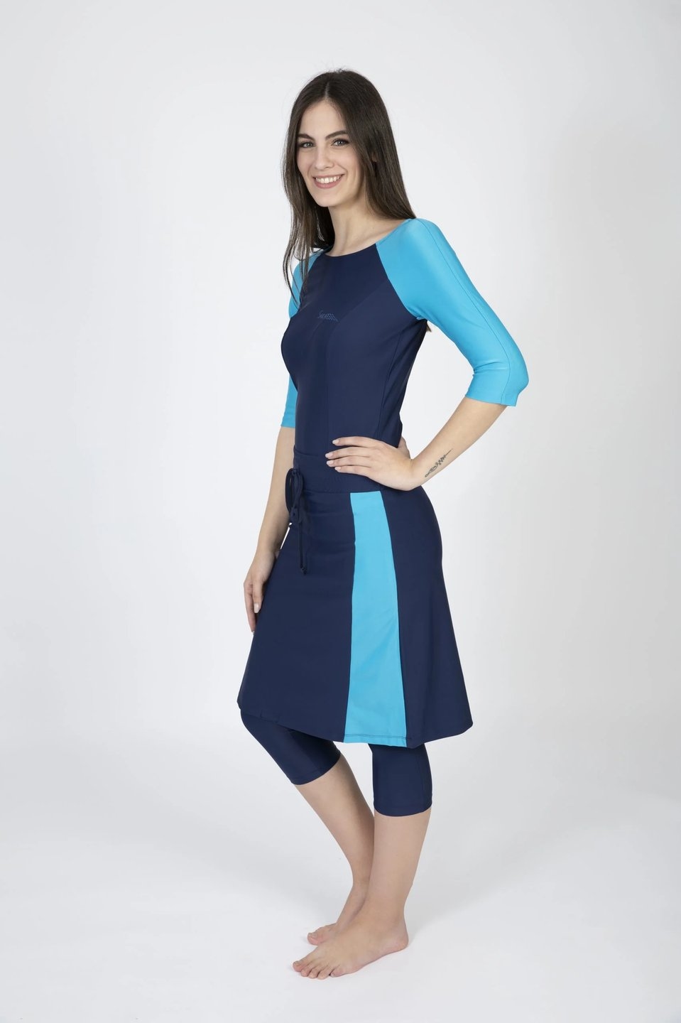 Long Three Piece Swim Set in Navy and Light Blue - Image 5