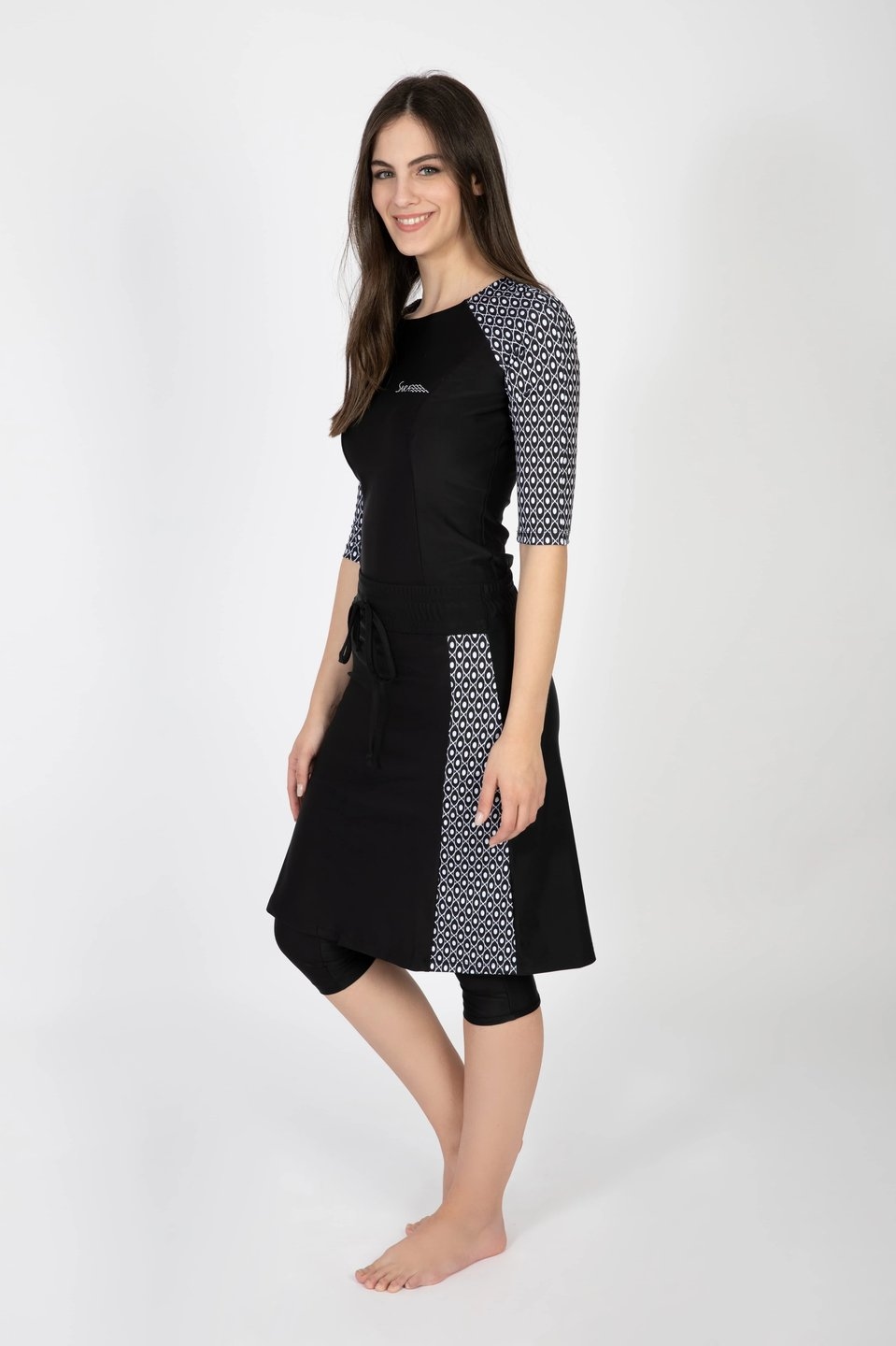 Long Three Piece Swim Set in Black and White - Image 2