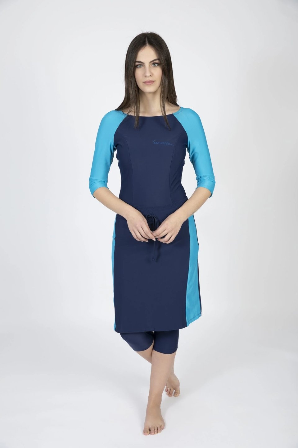 Long Three Piece Swim Set in Navy and Light Blue - Image 1