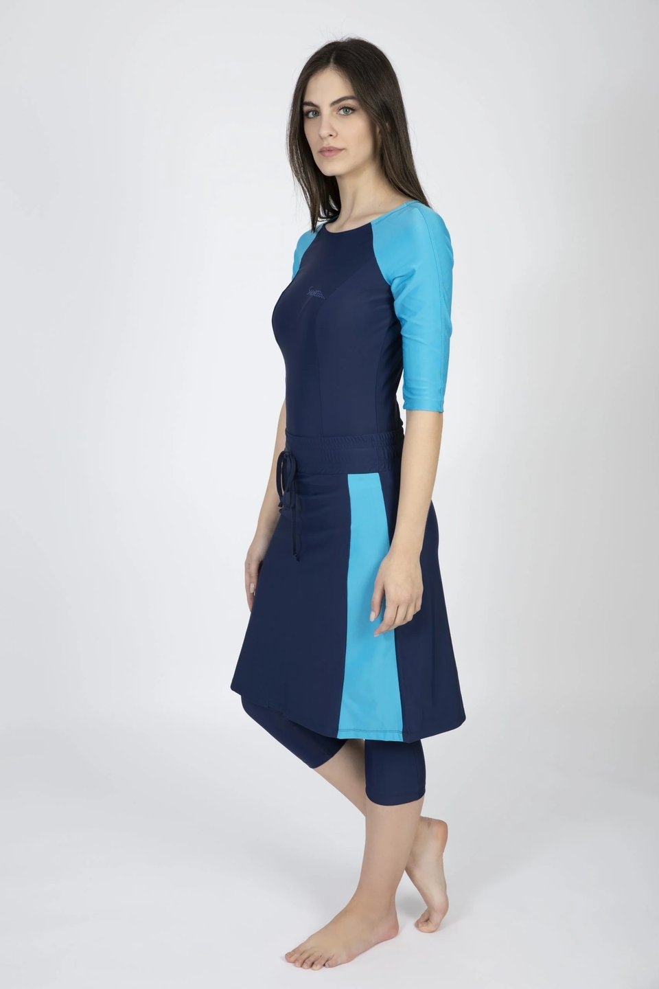 Long Three Piece Swim Set in Navy and Light Blue - Image 3