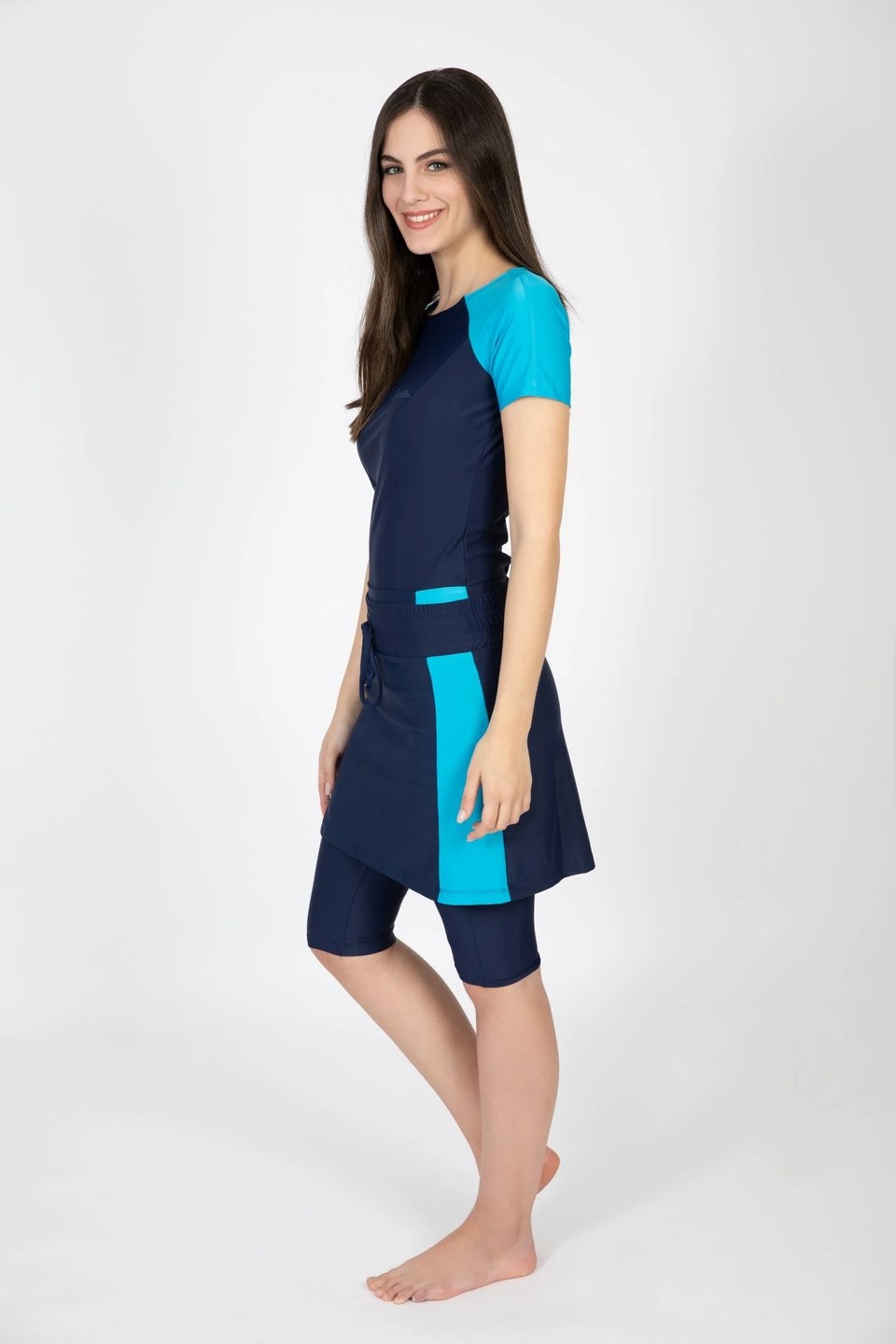 Short Three Piece Swim Set in Navy and Light Blue - Image 2