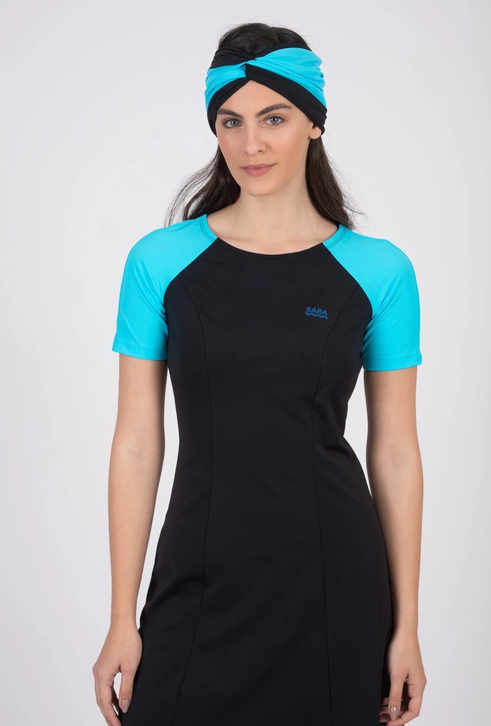 Black and Light Blue Short Sleeve Tunic in Sizes for Swim and Sport - Image 3
