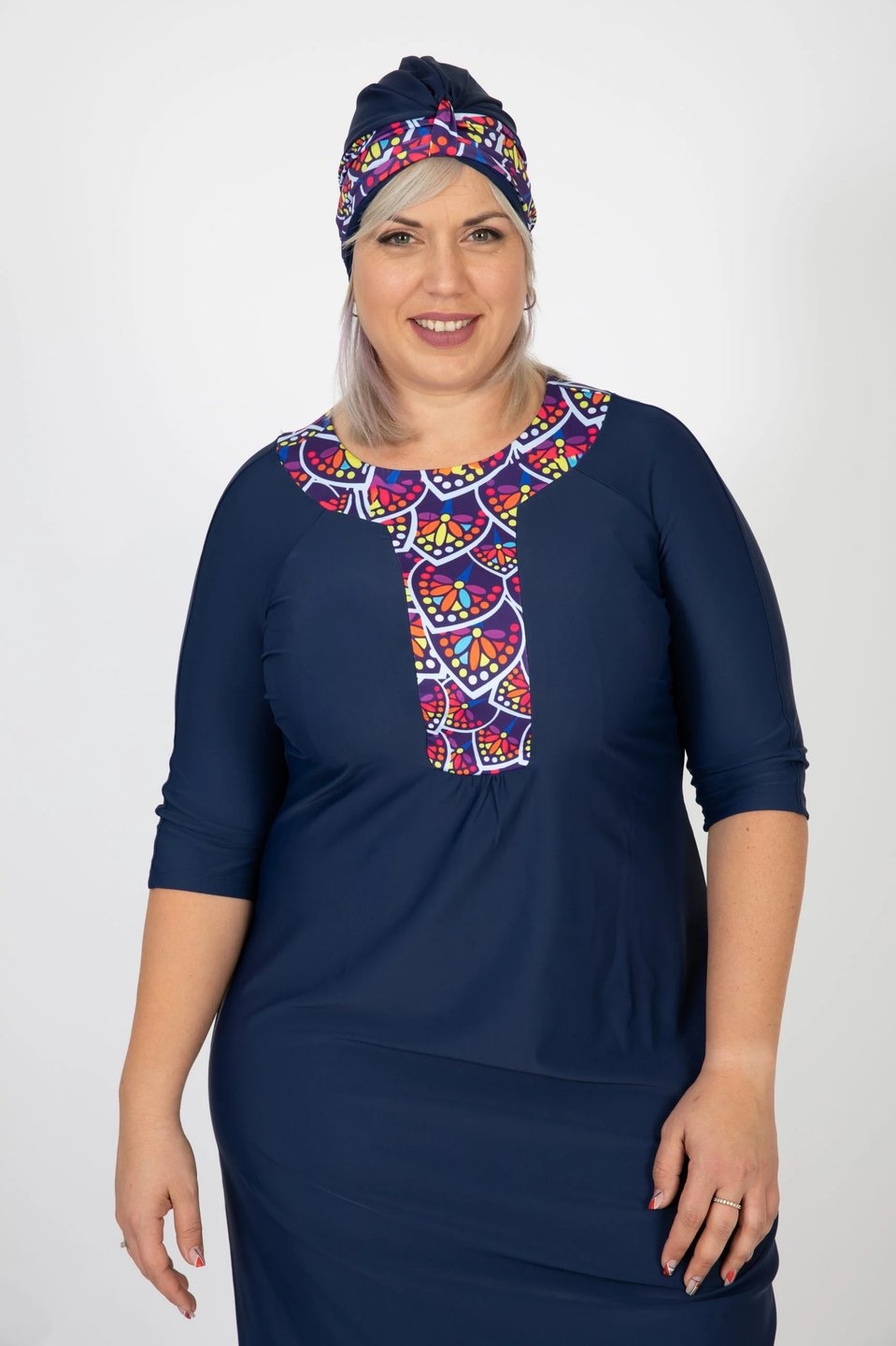 Blue Ethnic Swim Set with Colorful Leaves Print - Image 5