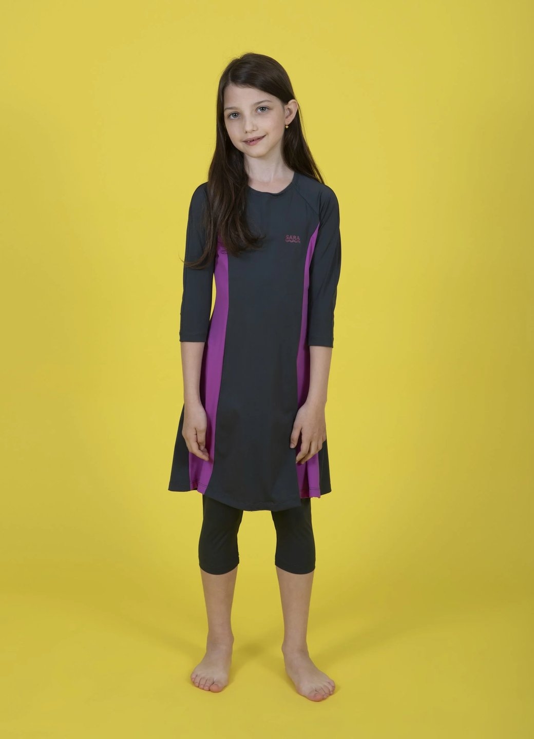 Girls Gray and Purple Tunic Swim Set - Image 1