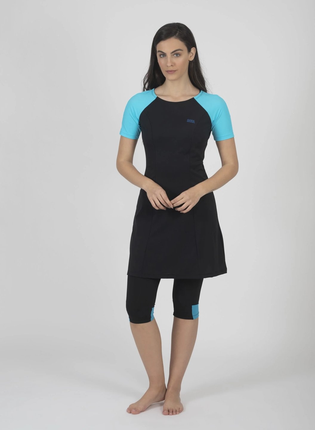 Black and Light Blue Short Sleeve Tunic in Sizes for Swim and Sport - Image 2
