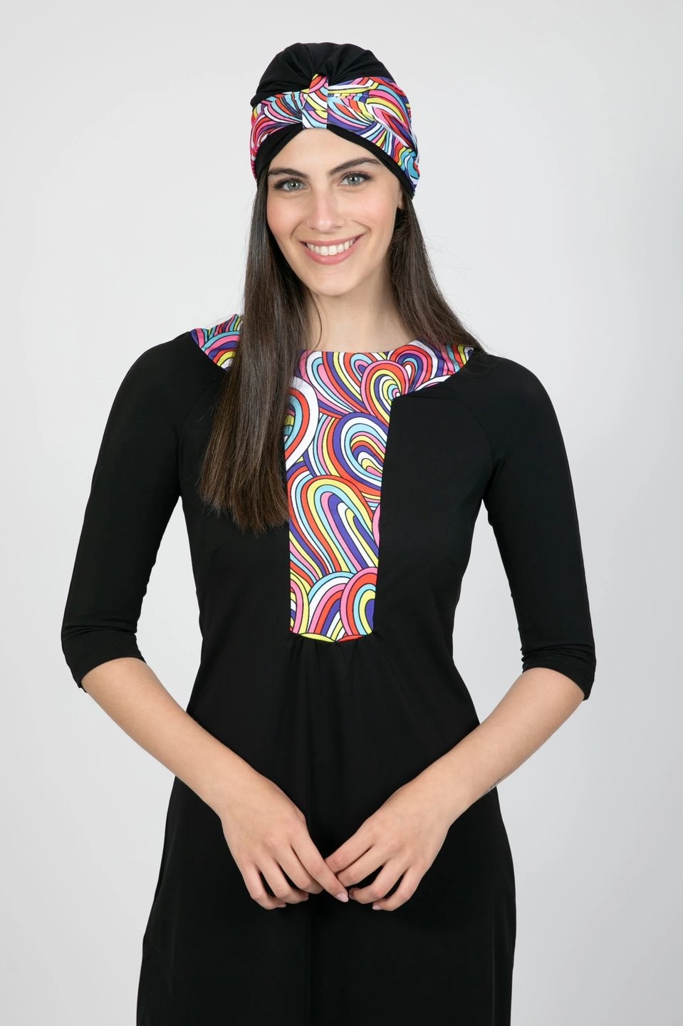 Black Ethnic Modest Swimwear with Colorful Rainbow Pattern - Image 3