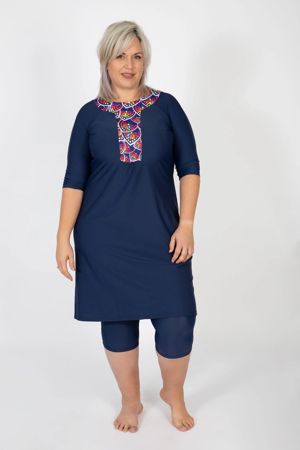 Blue Ethnic Swim Set with Colorful Leaves Print - Image 6