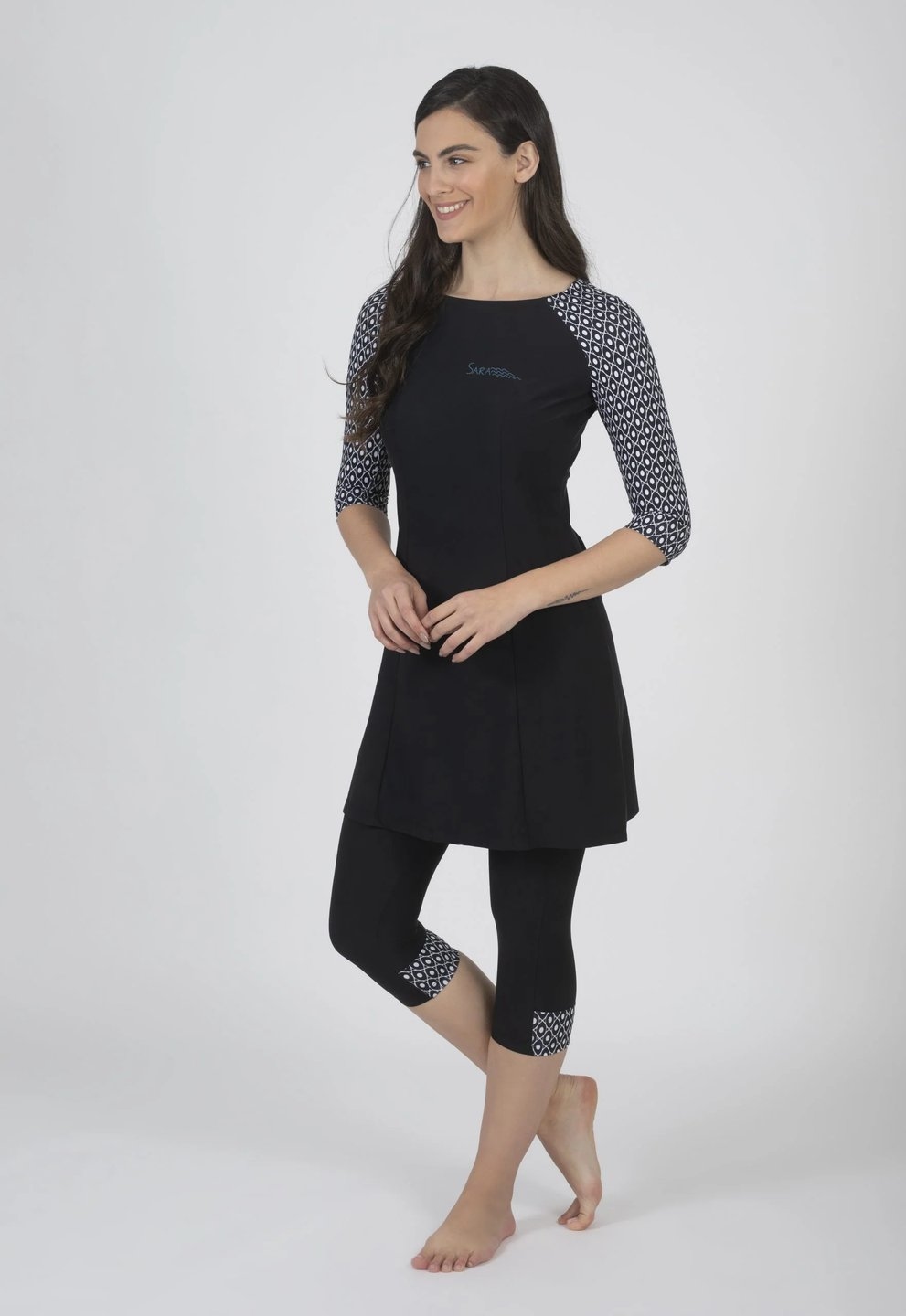 Black and White Long Sleeve Tunic for Swim and Sport - Image 3