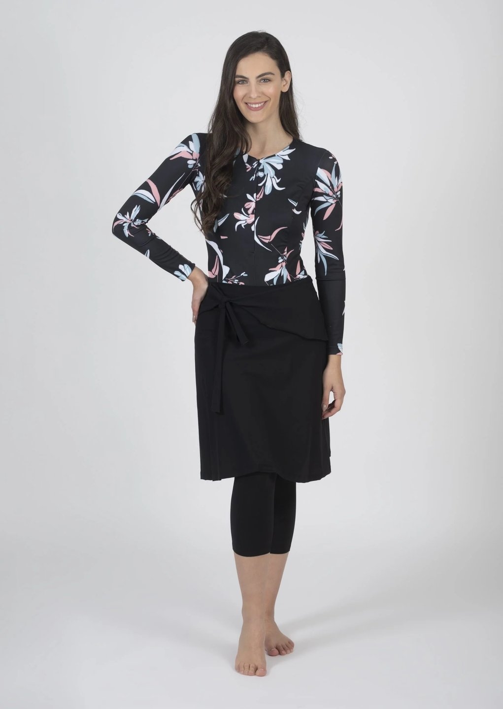 Black Leaf Swim and Sport Bodysuit(with Skirted Shorts) - Image 1