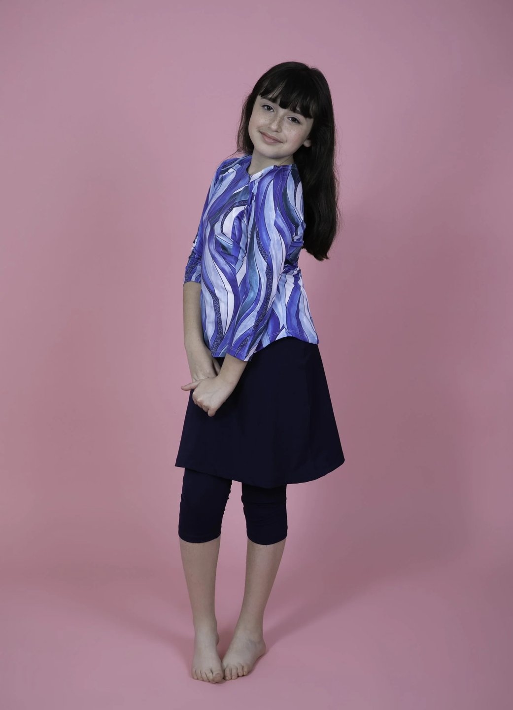 Girls Blue Sea Waves Top and Skirt Swim Set - Image 1