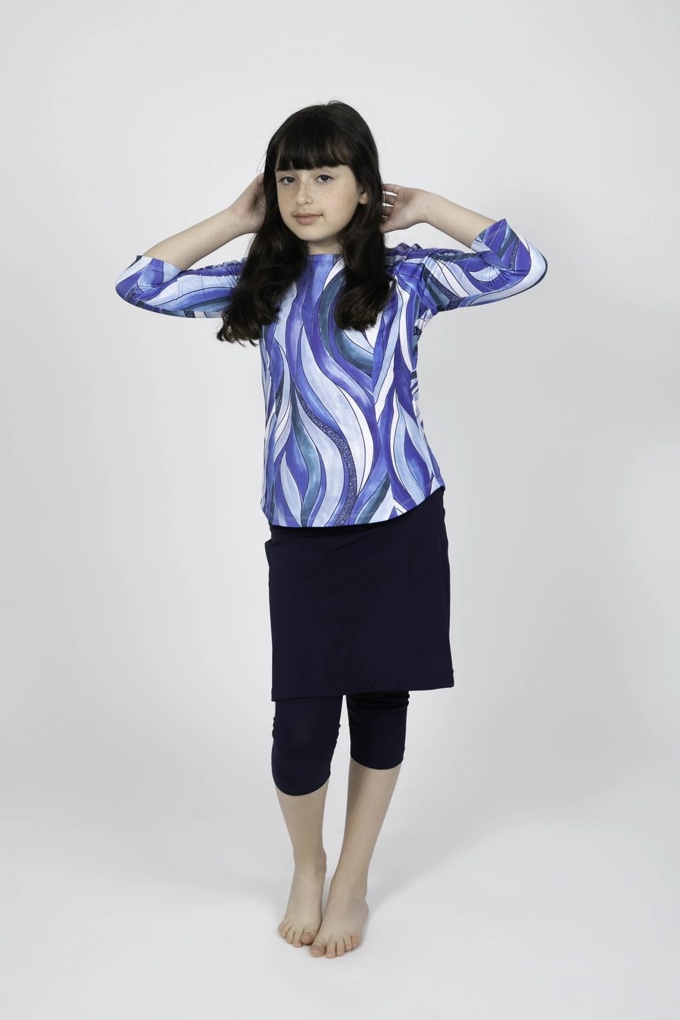Girls Blue Sea Waves Top and Skirt Swim Set - Image 2