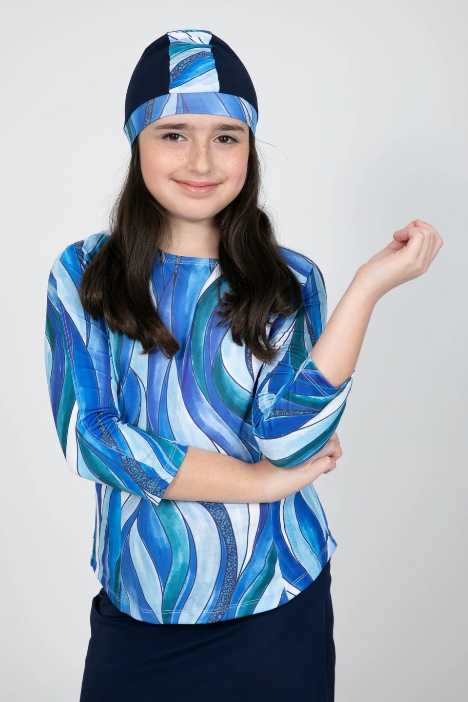 Girls Blue Sea Waves Top and Skirt Swim Set - Image 5