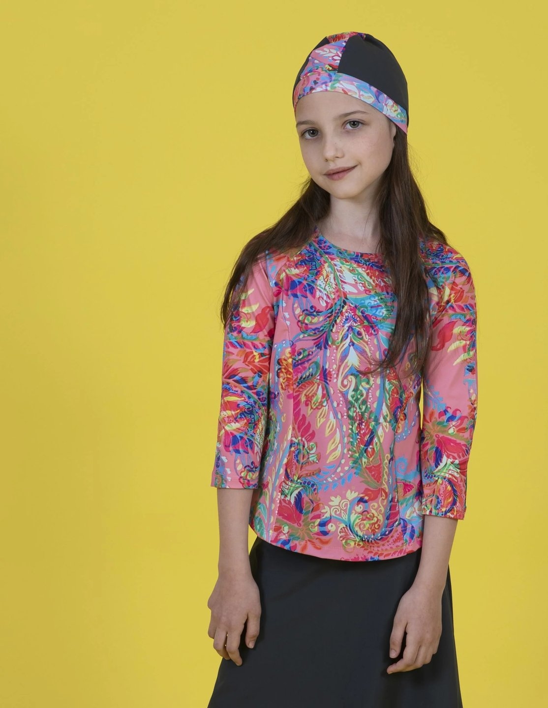 Girls Gray and Pink Cashmere Top and Skirt Swim Set - Image 2