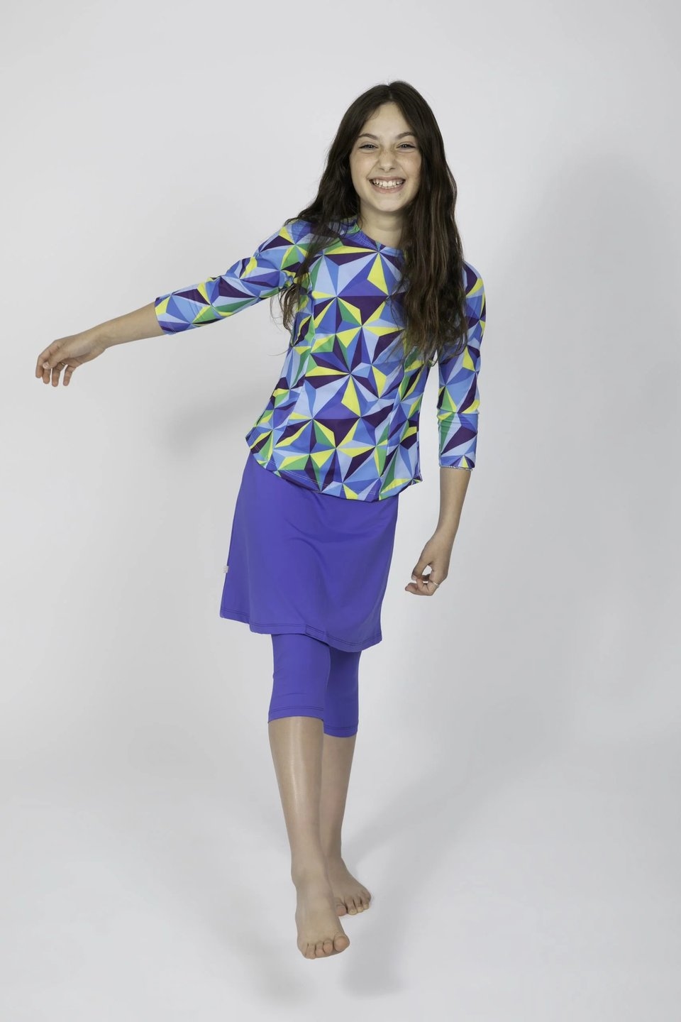 Girls Blue Glowing Triangles Top and Skirt Swim Set - Image 3