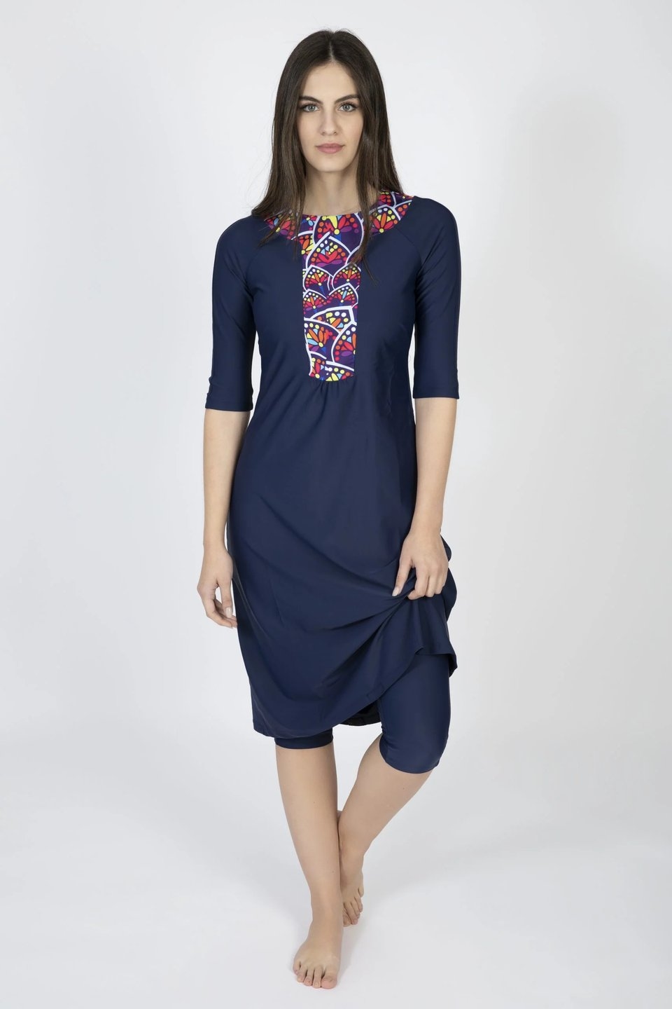 Blue Ethnic Swim Set with Colorful Leaves Print - Image 2