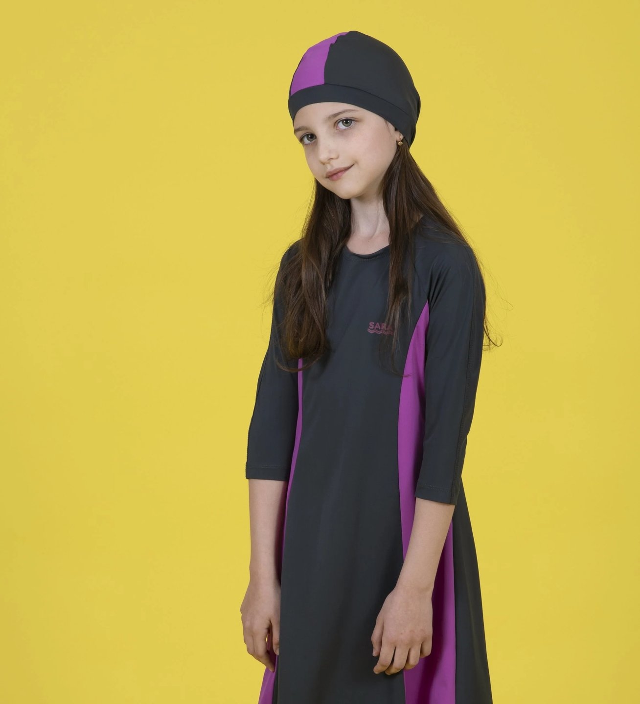 Girls Gray and Purple Tunic Swim Set - Image 2