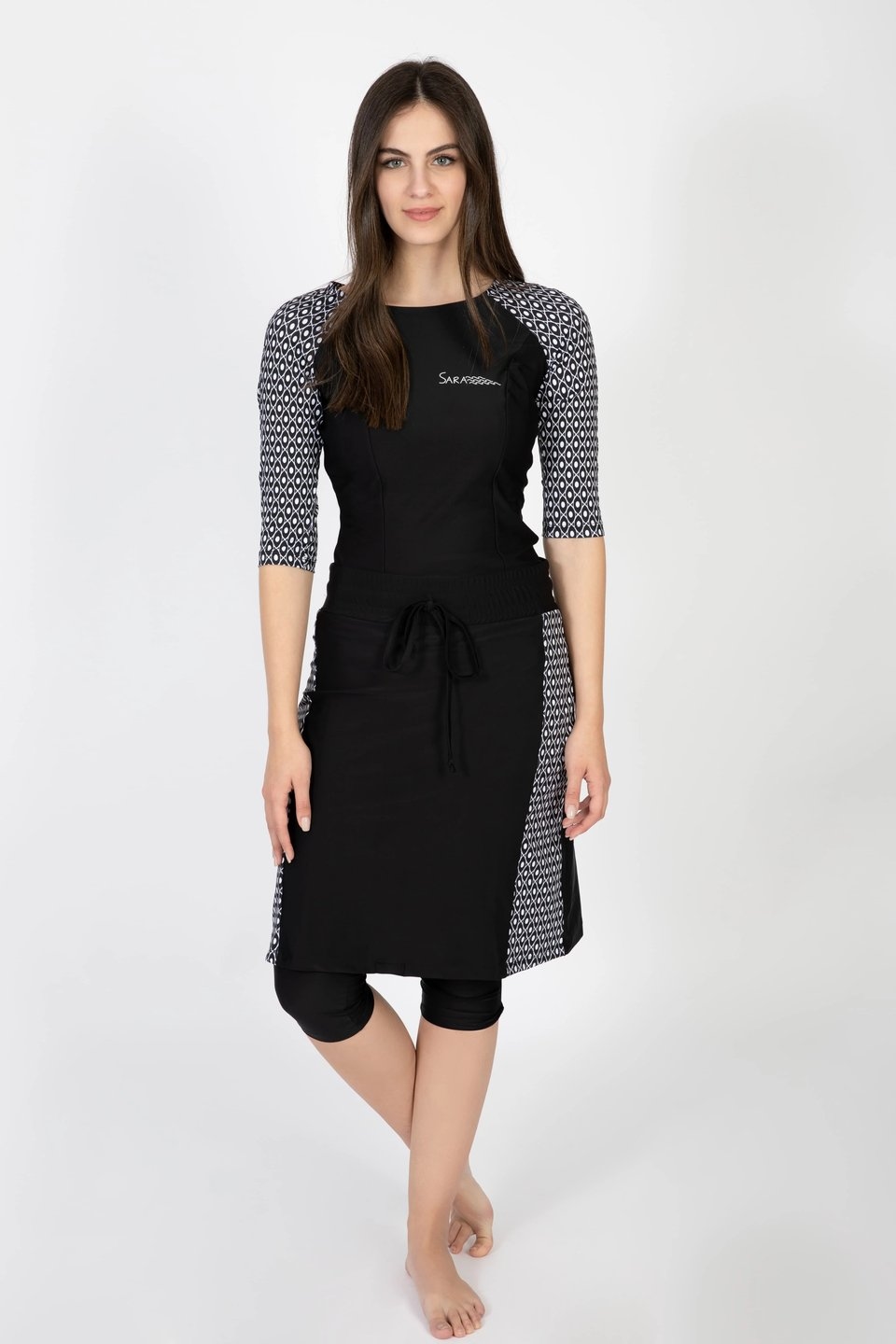 Long Three Piece Swim Set in Black and White - Image 1