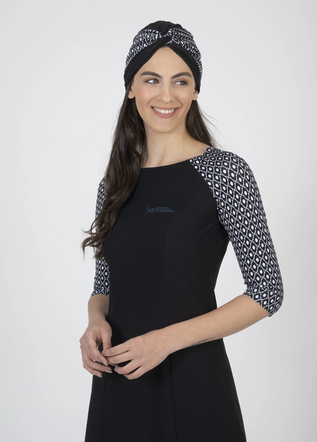 Black and White Long Sleeve Tunic for Swim and Sport - Image 2