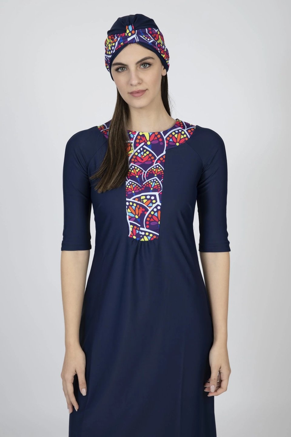 Blue Ethnic Swim Set with Colorful Leaves Print - Image 3