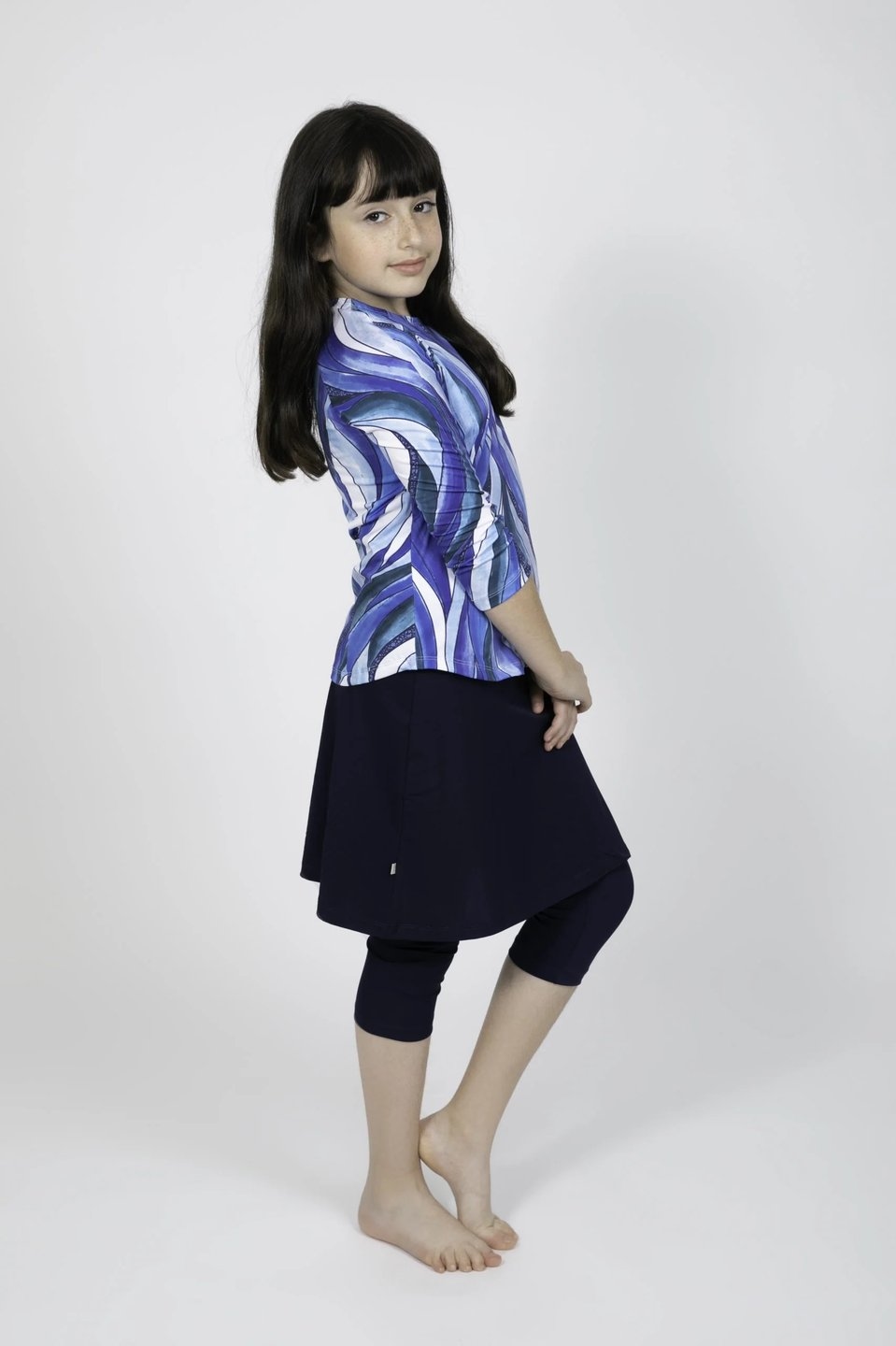 Girls Blue Sea Waves Top and Skirt Swim Set - Image 4