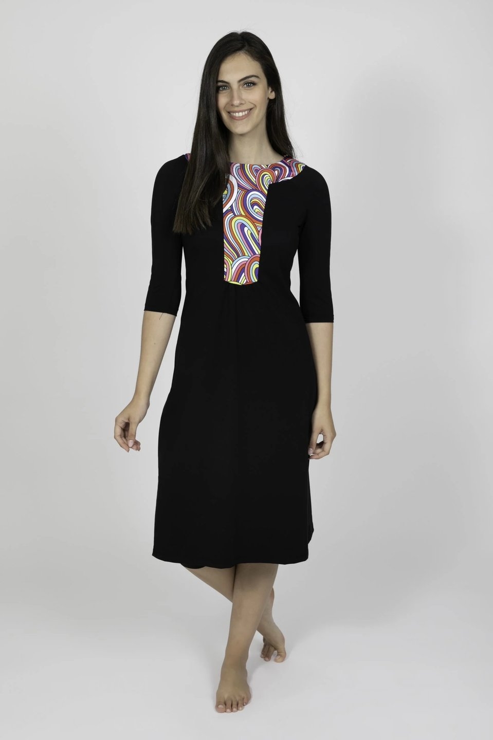 Black Ethnic Modest Swimwear with Colorful Rainbow Pattern - Image 1