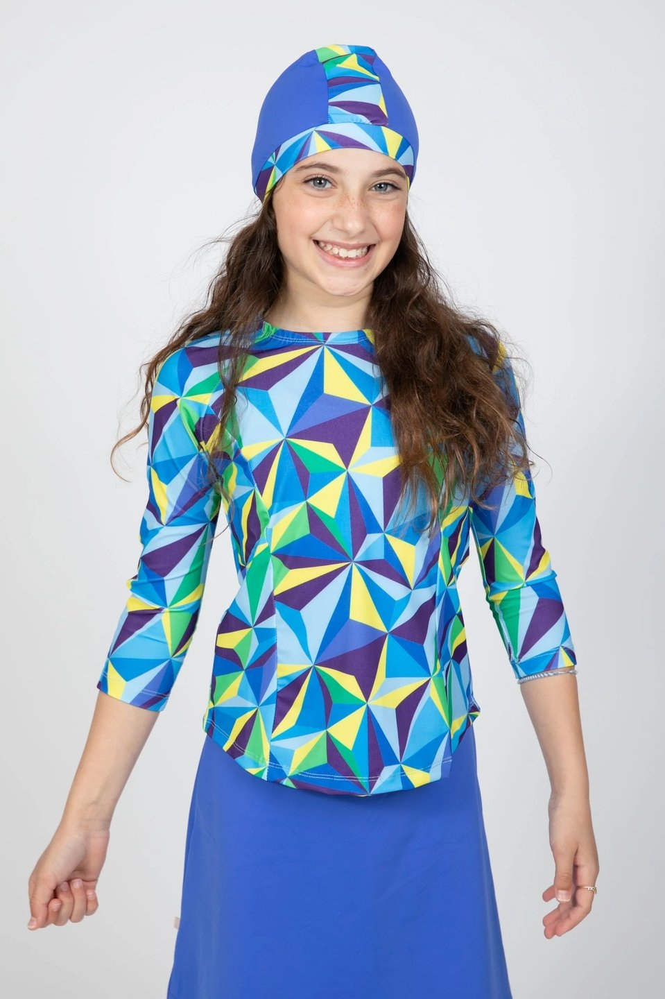 Girls Blue Glowing Triangles Top and Skirt Swim Set - Image 2