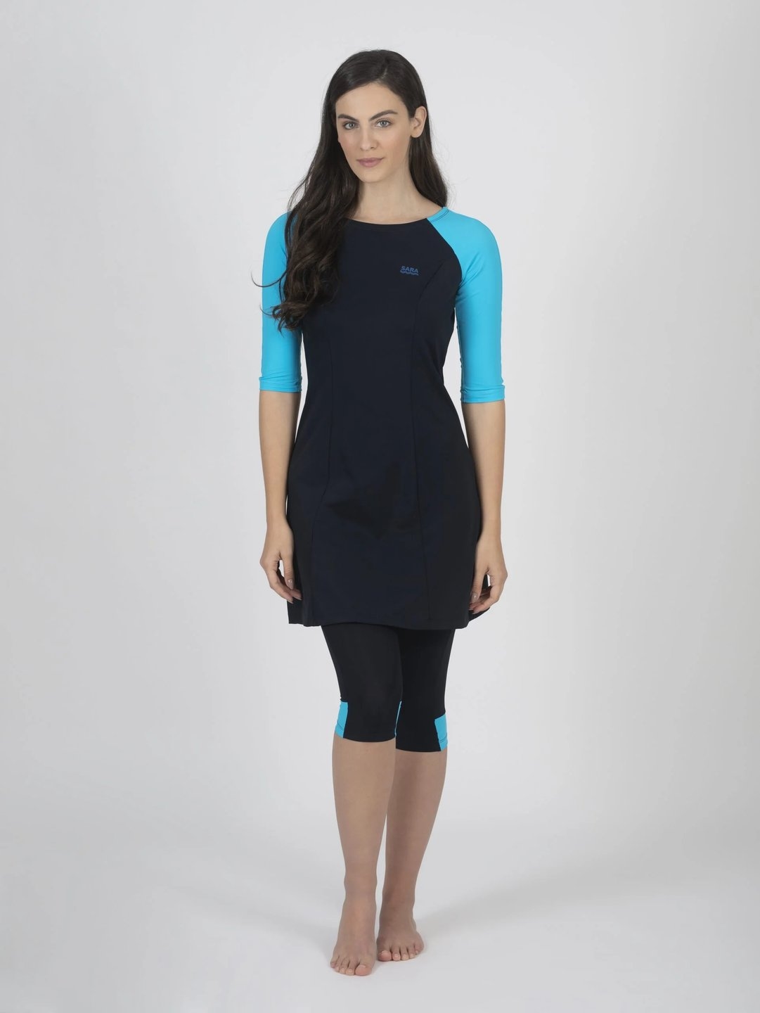 Black and Light Blue Long Sleeve Tunic for Swim and Sport - Image 1