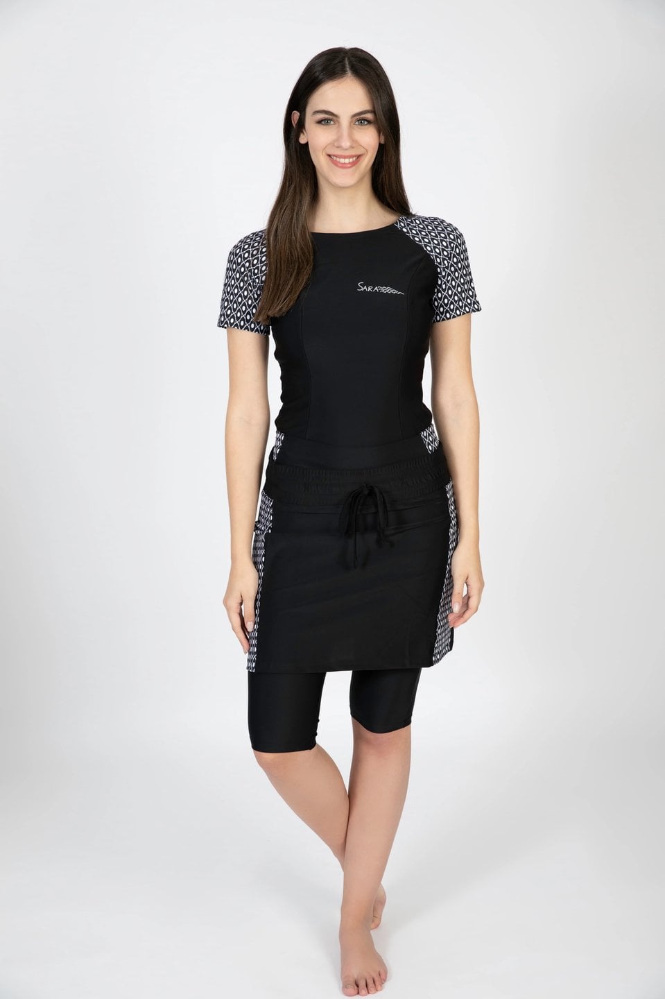 Short Three Piece Swim Set in Black and White