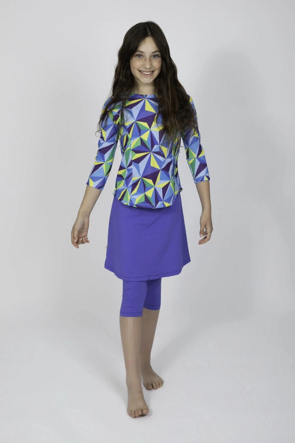 Girls Blue Glowing Triangles Top and Skirt Swim Set