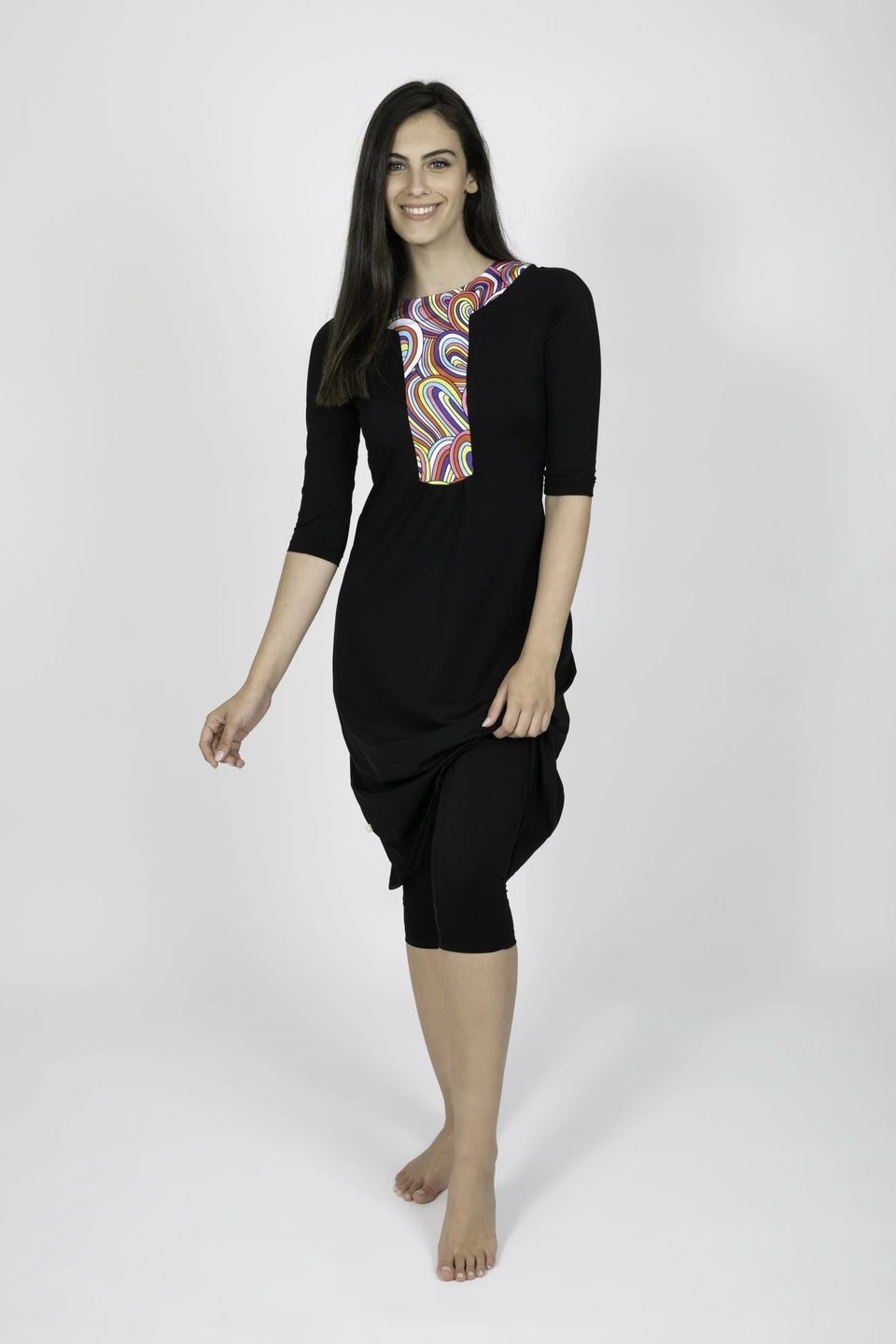 Black Ethnic Modest Swimwear with Colorful Rainbow Pattern - Image 2